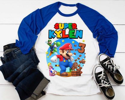 Mario Birthday Custom T Shirt, Personalized Family shirt, All colors, All Sizes, Short, 3/4 & Long Raglan Sleeves