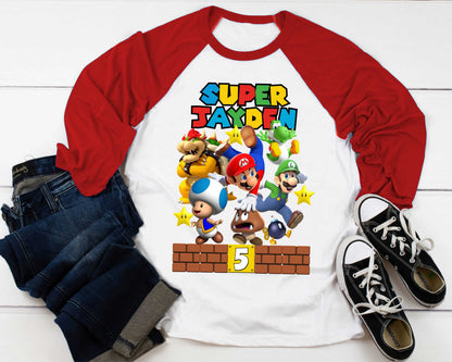 Mario Birthday Custom T Shirt, Personalized Family shirt, All colors, All Sizes, Short, 3/4 & Long Raglan Sleeves