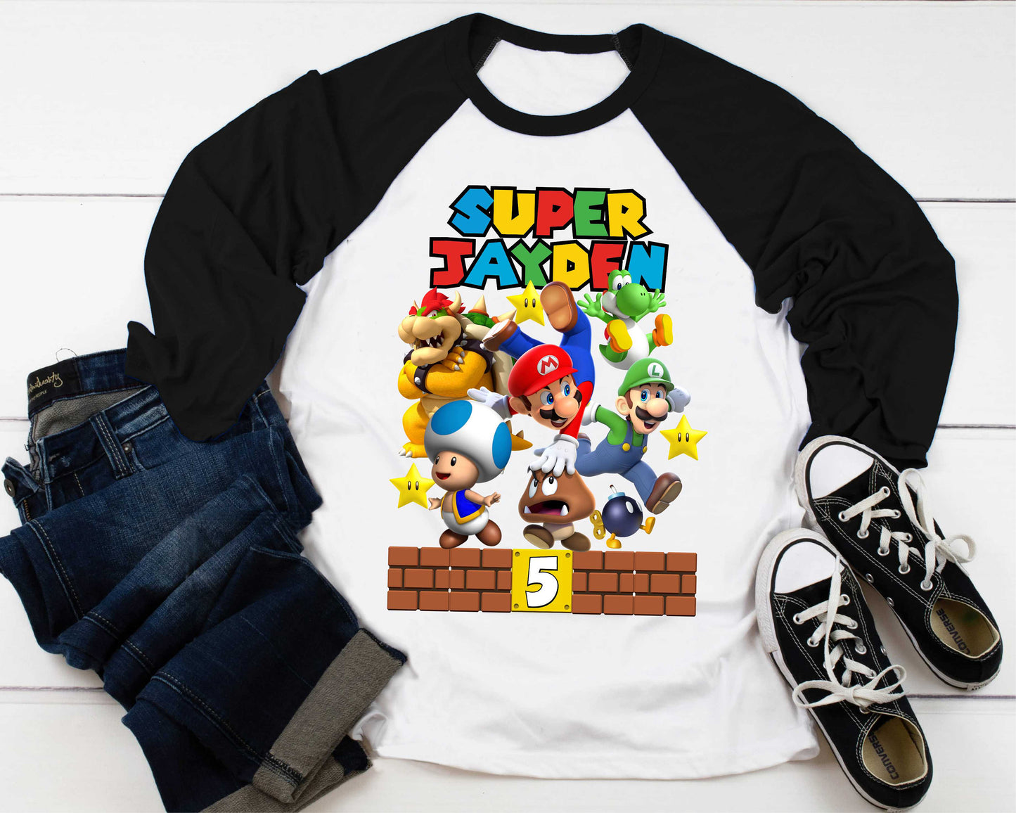 Mario Birthday Custom T Shirt, Personalized Family shirt, All colors, All Sizes, Short, 3/4 & Long Raglan Sleeves