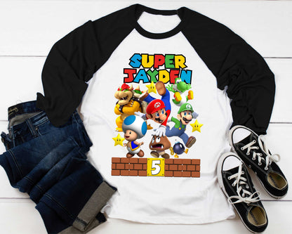 Mario Birthday Custom T Shirt, Personalized Family shirt, All colors, All Sizes, Short, 3/4 & Long Raglan Sleeves