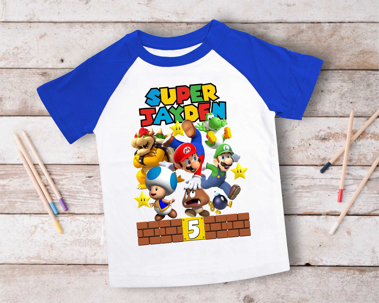 Mario Birthday Custom T Shirt, Personalized Family shirt, All colors, All Sizes, Short, 3/4 & Long Raglan Sleeves