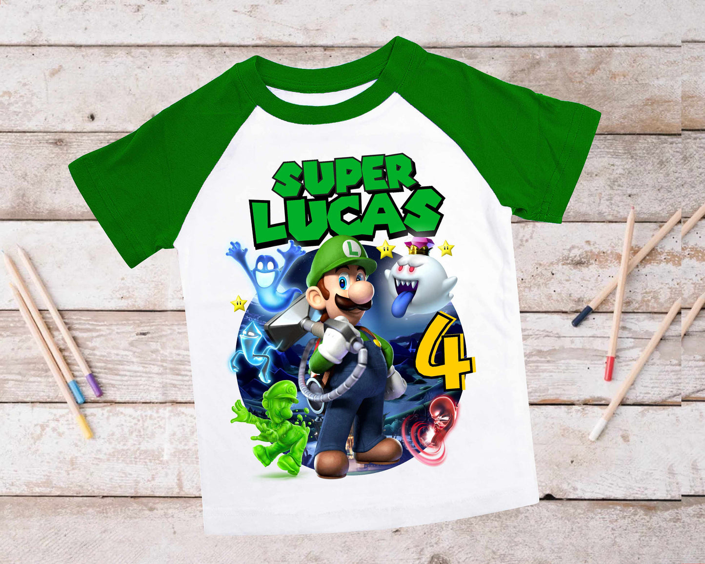 Luigi Birthday T Shirt, Super gift, Mario Personalized Family shirt, All colors, All Sizes, Short, 3/4 & Long Raglan Sleeves