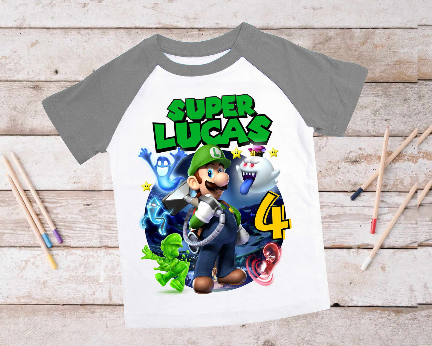 Luigi Birthday T Shirt, Super gift, Mario Personalized Family shirt, All colors, All Sizes, Short, 3/4 & Long Raglan Sleeves