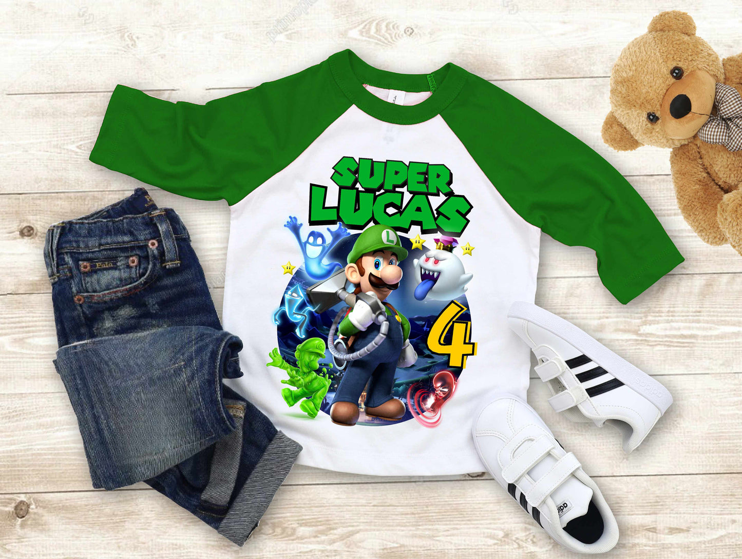 Luigi Birthday T Shirt, Super gift, Mario Personalized Family shirt, All colors, All Sizes, Short, 3/4 & Long Raglan Sleeves