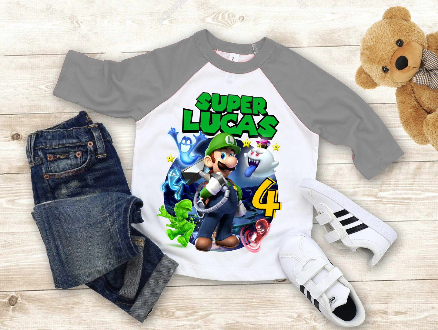 Luigi Birthday T Shirt, Super gift, Mario Personalized Family shirt, All colors, All Sizes, Short, 3/4 & Long Raglan Sleeves