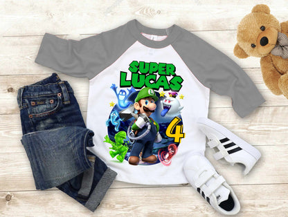 Luigi Birthday T Shirt, Super gift, Mario Personalized Family shirt, All colors, All Sizes, Short, 3/4 & Long Raglan Sleeves