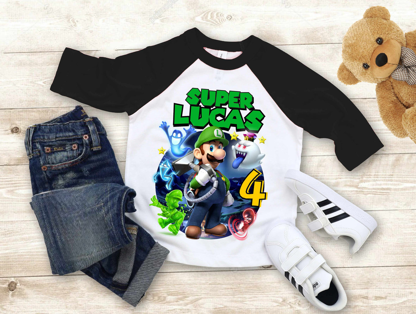 Luigi Birthday T Shirt, Super gift, Mario Personalized Family shirt, All colors, All Sizes, Short, 3/4 & Long Raglan Sleeves