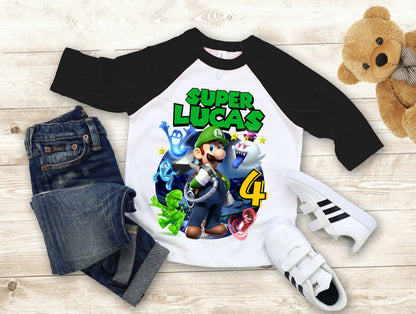 Luigi Birthday T Shirt, Super gift, Mario Personalized Family shirt, All colors, All Sizes, Short, 3/4 & Long Raglan Sleeves