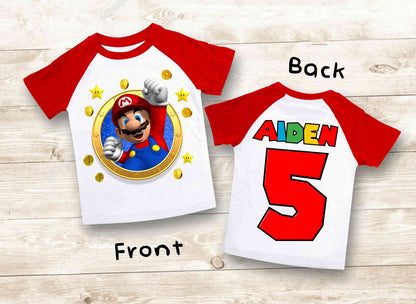 Mario Birthday Custom T Shirt, Personalized Family shirt, All colors, All Sizes, Short, 3/4 & Long Raglan Sleeves