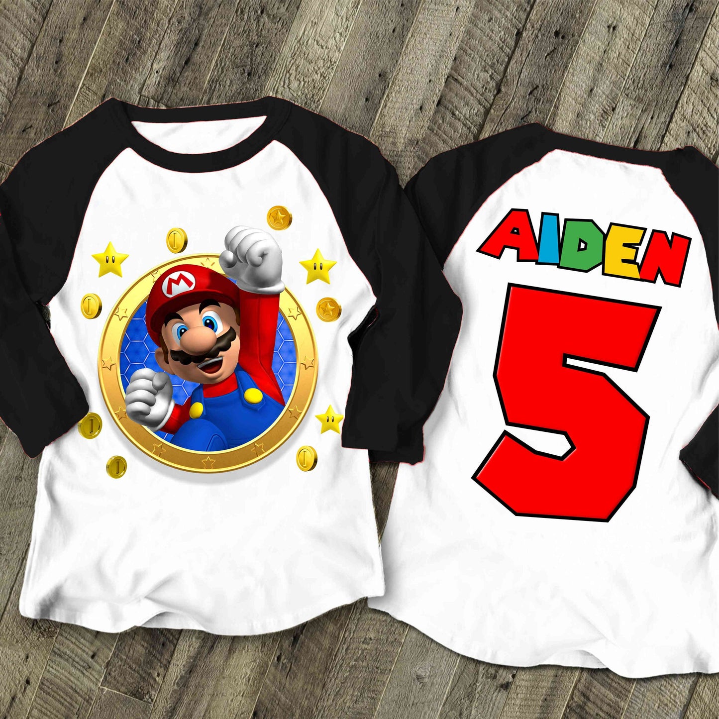 Mario Birthday Custom T Shirt, Personalized Family shirt, All colors, All Sizes, Short, 3/4 & Long Raglan Sleeves