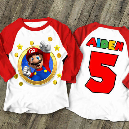 Mario Birthday Custom T Shirt, Personalized Family shirt, All colors, All Sizes, Short, 3/4 & Long Raglan Sleeves