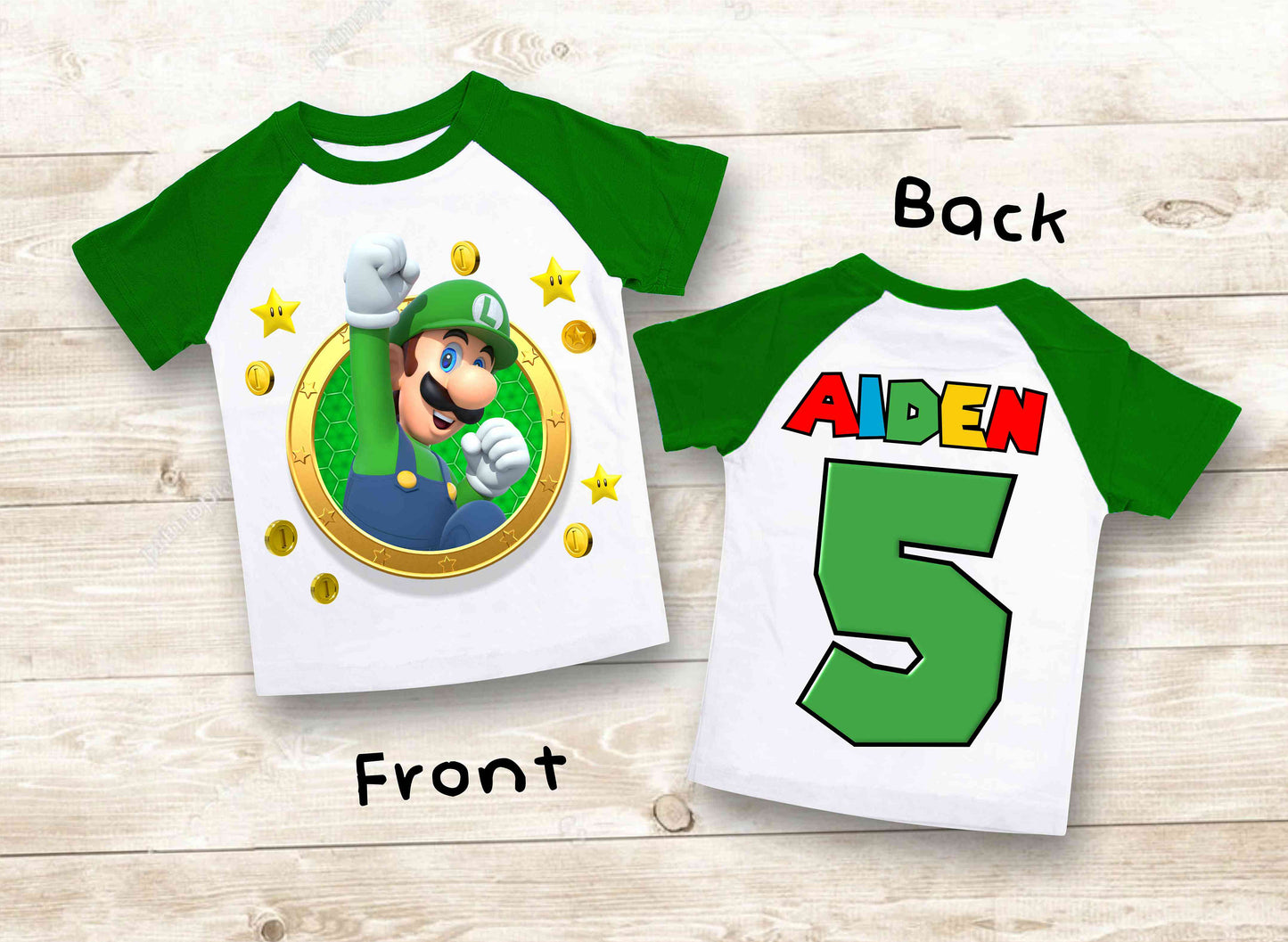 Luigi Birthday T Shirt, Super gift, Mario Personalized Family shirt, All colors, All Sizes, Short, 3/4 & Long Raglan Sleeves