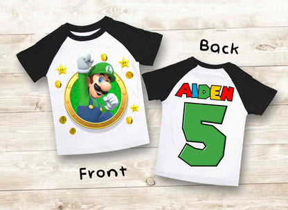 Luigi Birthday T Shirt, Super gift, Mario Personalized Family shirt, All colors, All Sizes, Short, 3/4 & Long Raglan Sleeves