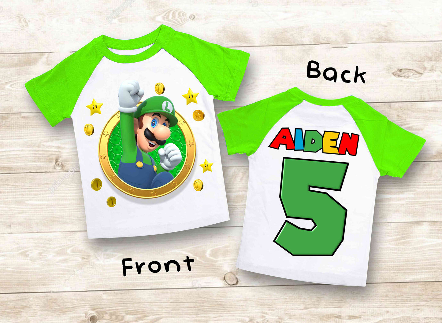 Luigi Birthday T Shirt, Super gift, Mario Personalized Family shirt, All colors, All Sizes, Short, 3/4 & Long Raglan Sleeves