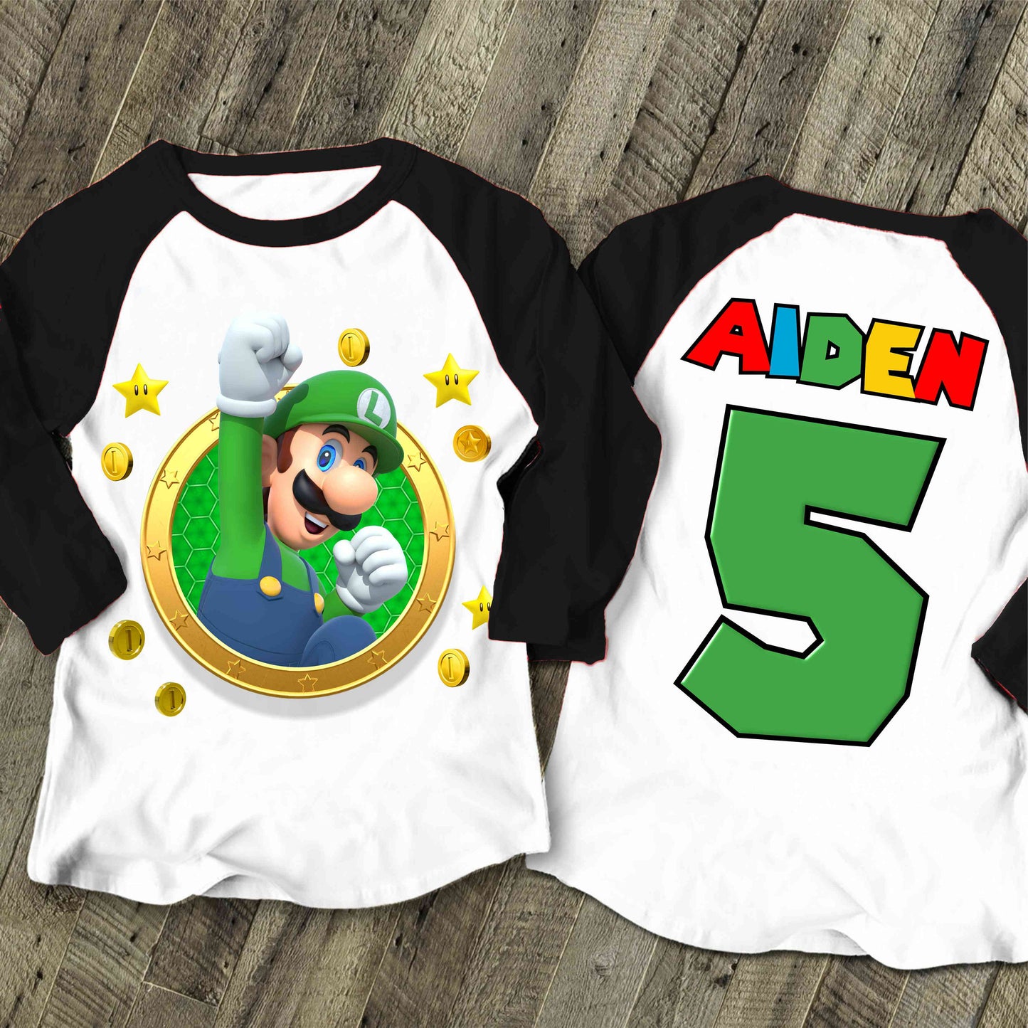 Luigi Birthday T Shirt, Super gift, Mario Personalized Family shirt, All colors, All Sizes, Short, 3/4 & Long Raglan Sleeves