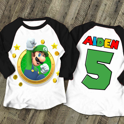 Luigi Birthday T Shirt, Super gift, Mario Personalized Family shirt, All colors, All Sizes, Short, 3/4 & Long Raglan Sleeves