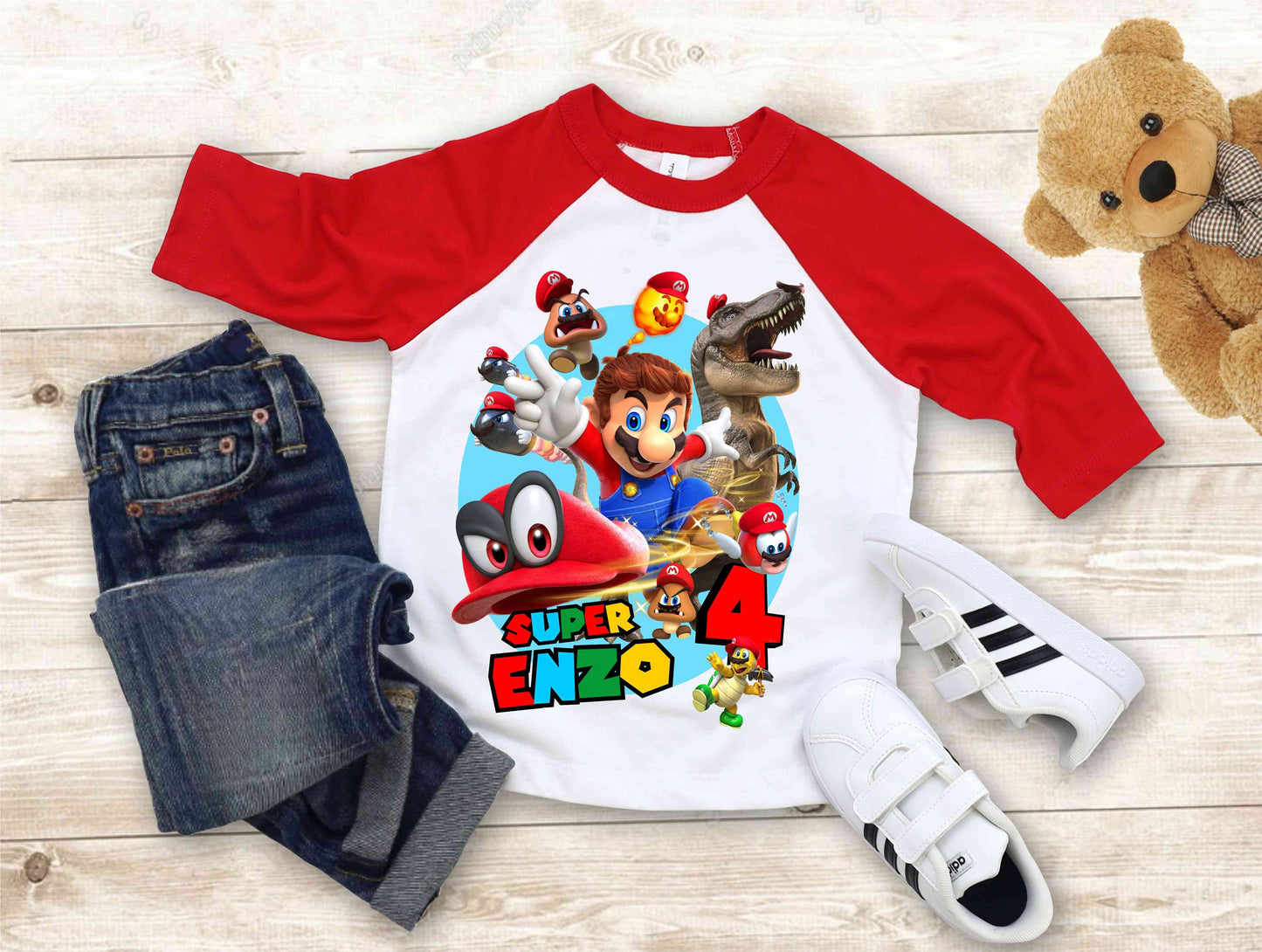 Mario Birthday Custom T Shirt, Personalized Family shirt, All colors, All Sizes, Short, 3/4 & Long Raglan Sleeves