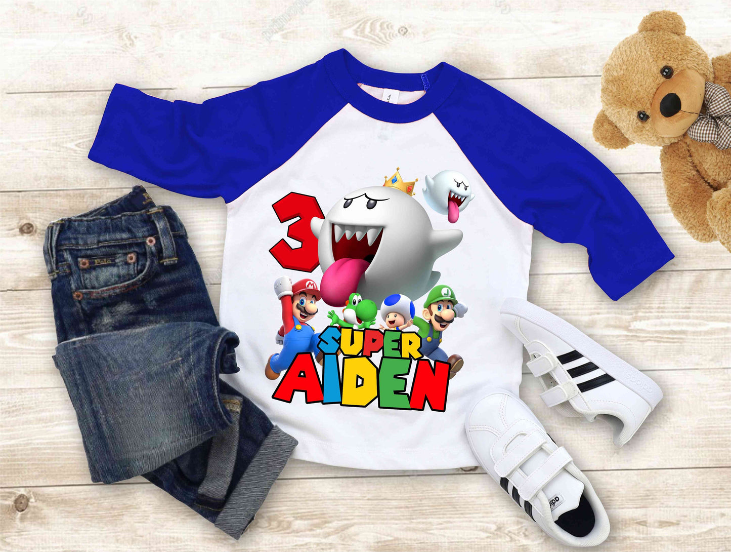 Mario Birthday Custom T Shirt, Personalized Family shirt, All colors, All Sizes, Short, 3/4 & Long Raglan Sleeves