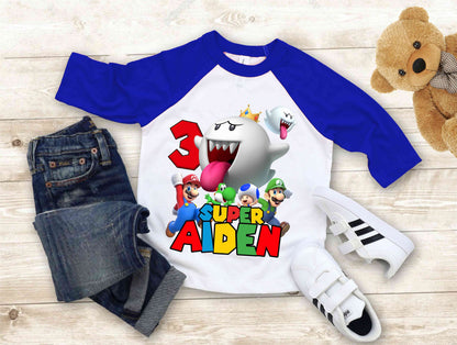 Mario Birthday Custom T Shirt, Personalized Family shirt, All colors, All Sizes, Short, 3/4 & Long Raglan Sleeves
