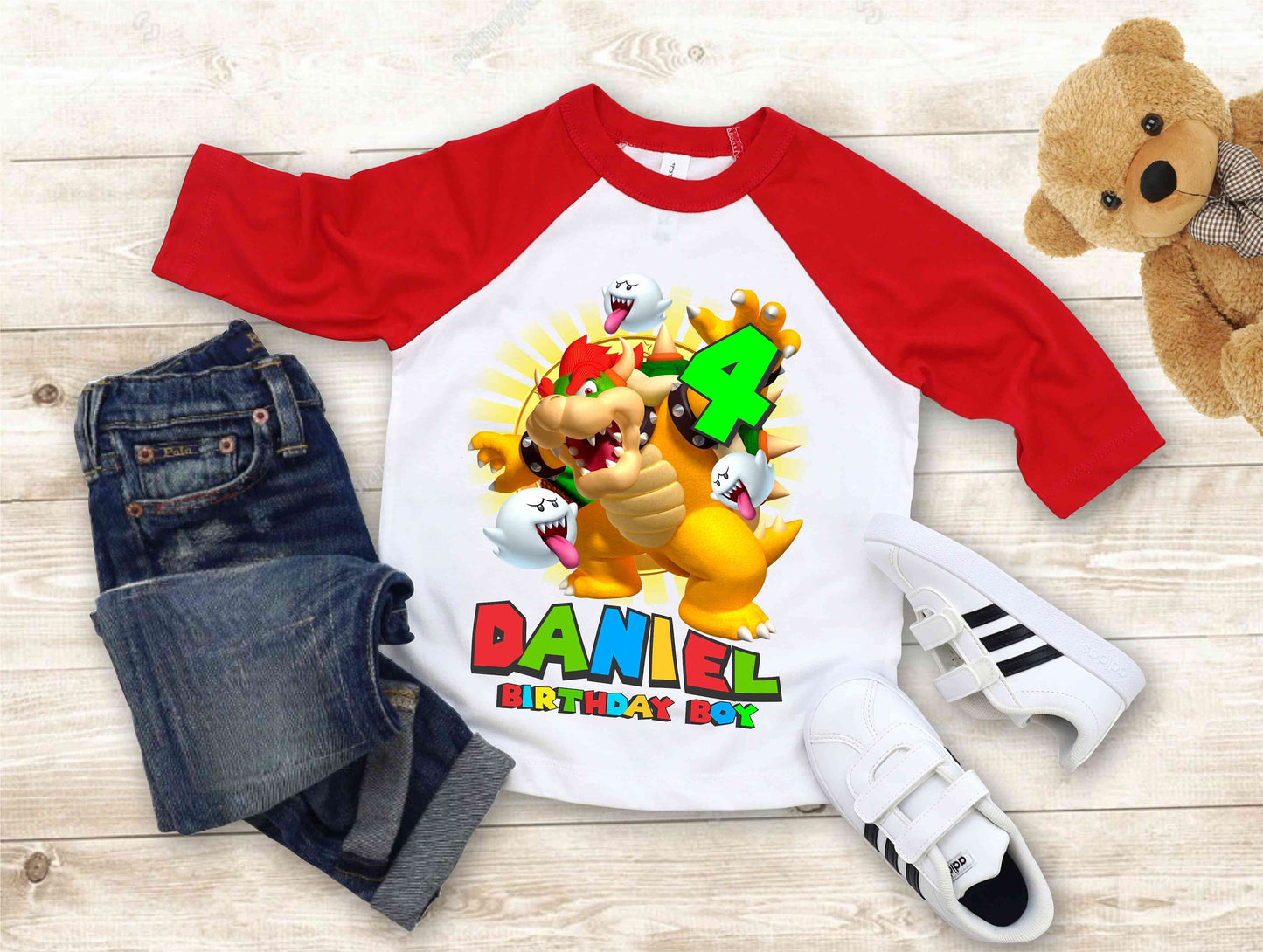 Mario Birthday Custom T Shirt, Personalized Family shirt, All colors, All Sizes, Short, 3/4 & Long Raglan Sleeves