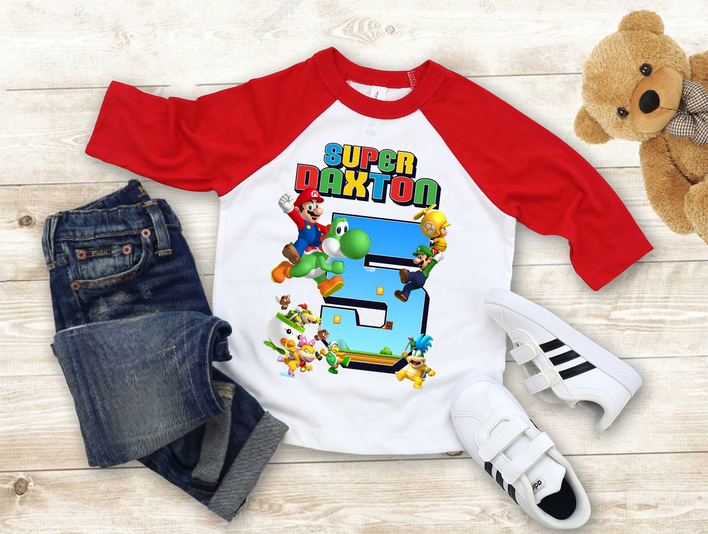 Mario Birthday Custom T Shirt, Personalized Family shirt, All colors, All Sizes, Short, 3/4 & Long Raglan Sleeves