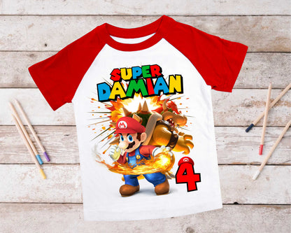 Mario Birthday Custom T Shirt, Personalized Family shirt, All colors, All Sizes, Short, 3/4 & Long Raglan Sleeves