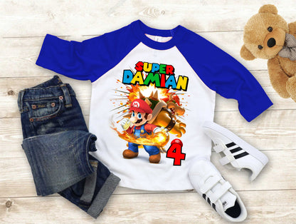 Mario Birthday Custom T Shirt, Personalized Family shirt, All colors, All Sizes, Short, 3/4 & Long Raglan Sleeves