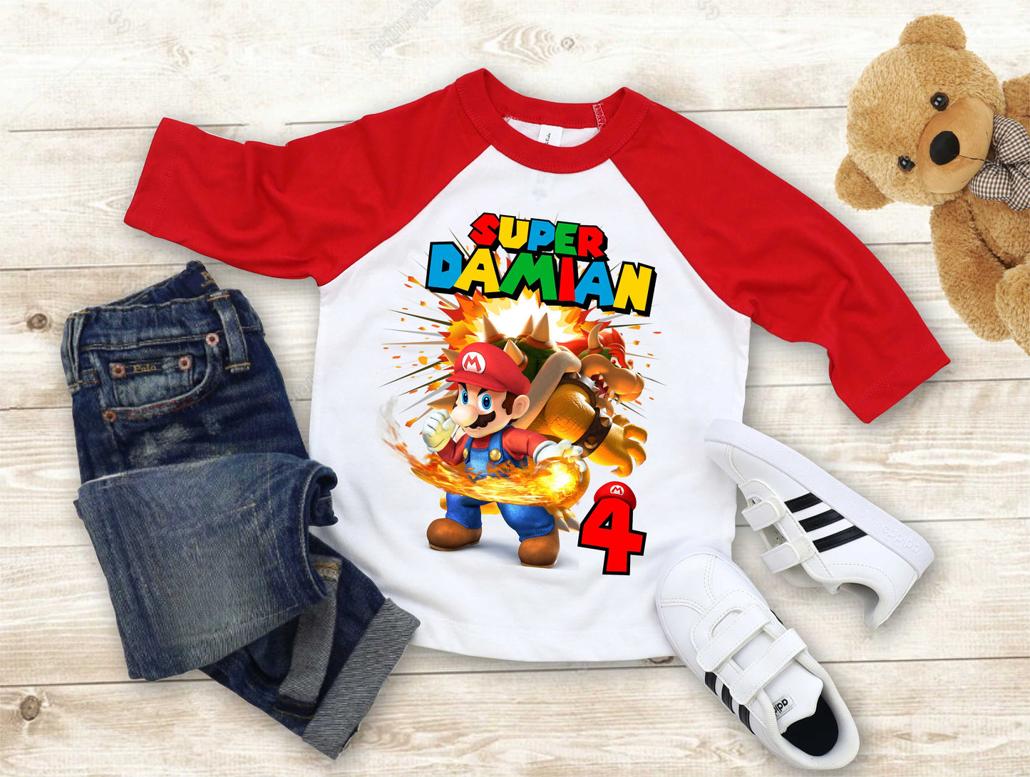 Mario Birthday Custom T Shirt, Personalized Family shirt, All colors, All Sizes, Short, 3/4 & Long Raglan Sleeves