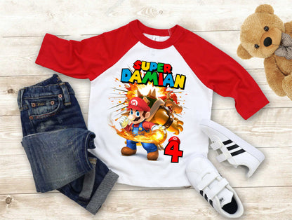 Mario Birthday Custom T Shirt, Personalized Family shirt, All colors, All Sizes, Short, 3/4 & Long Raglan Sleeves