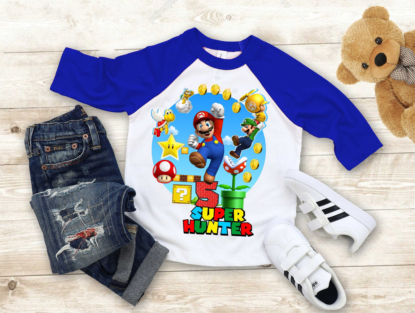 Mario Birthday Custom T Shirt, Personalized Family shirt, All colors, All Sizes, Short, 3/4 & Long Raglan Sleeves