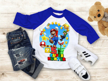 Mario Birthday Custom T Shirt, Personalized Family shirt, All colors, All Sizes, Short, 3/4 & Long Raglan Sleeves