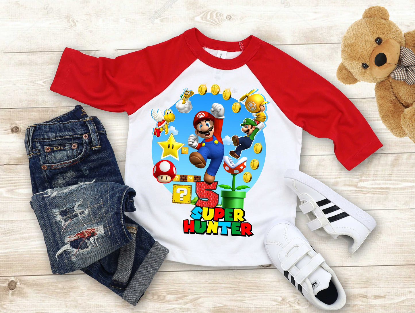 Mario Birthday Custom T Shirt, Personalized Family shirt, All colors, All Sizes, Short, 3/4 & Long Raglan Sleeves
