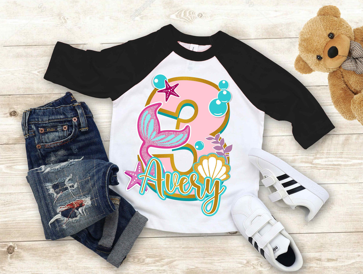 Mermaid Three Birthday T Shirt, Mermaid  theme Party, Mermaid Personalized shirt for kids, Gift Birthday Shirt, family tees Custom