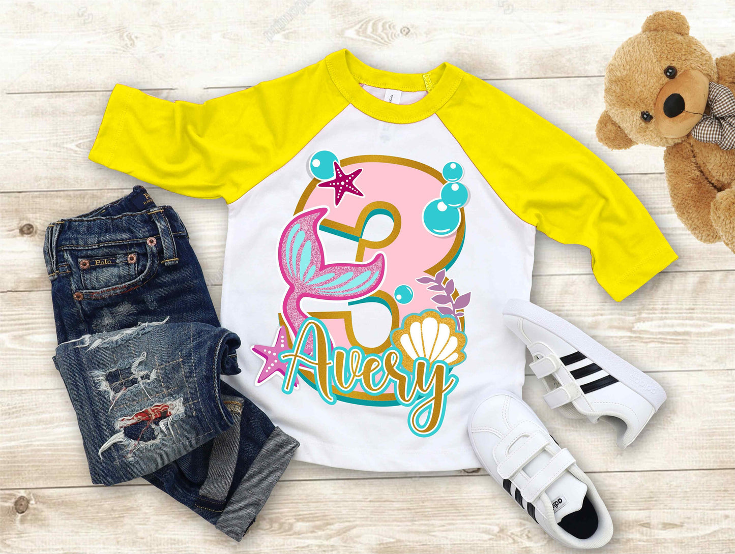 Mermaid Three Birthday T Shirt, Mermaid  theme Party, Mermaid Personalized shirt for kids, Gift Birthday Shirt, family tees Custom