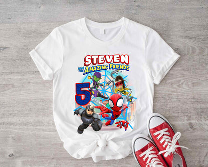 Spiderman Inspired Birthday T Shirt, Spidey and his friends theme Party, Personalized shirt kids, Gift Birthday Shirt, family tees Custom D7