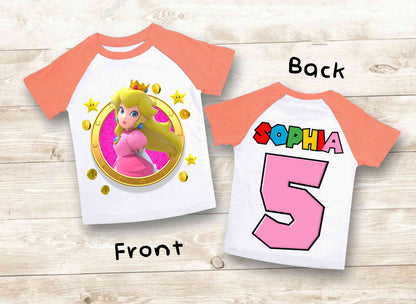 Princes Peach Birthday Custom T Shirt, Super gift, Mario Personalized Family shirt, All colors, All Sizes, Short, 3/4 & Long Raglan Sleeves