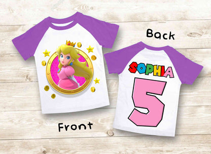 Princes Peach Birthday Custom T Shirt, Super gift, Mario Personalized Family shirt, All colors, All Sizes, Short, 3/4 & Long Raglan Sleeves