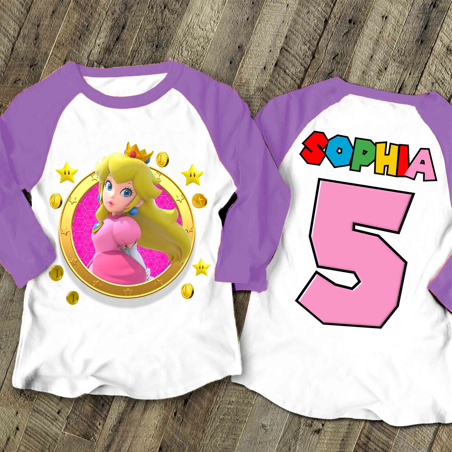 Princes Peach Birthday Custom T Shirt, Super gift, Mario Personalized Family shirt, All colors, All Sizes, Short, 3/4 & Long Raglan Sleeves