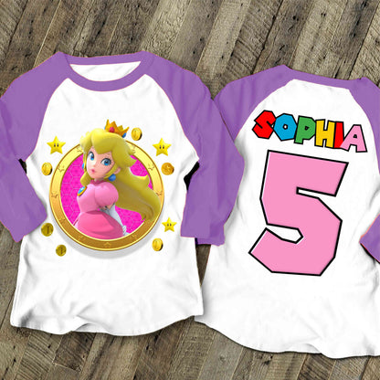 Princes Peach Birthday Custom T Shirt, Super gift, Mario Personalized Family shirt, All colors, All Sizes, Short, 3/4 & Long Raglan Sleeves