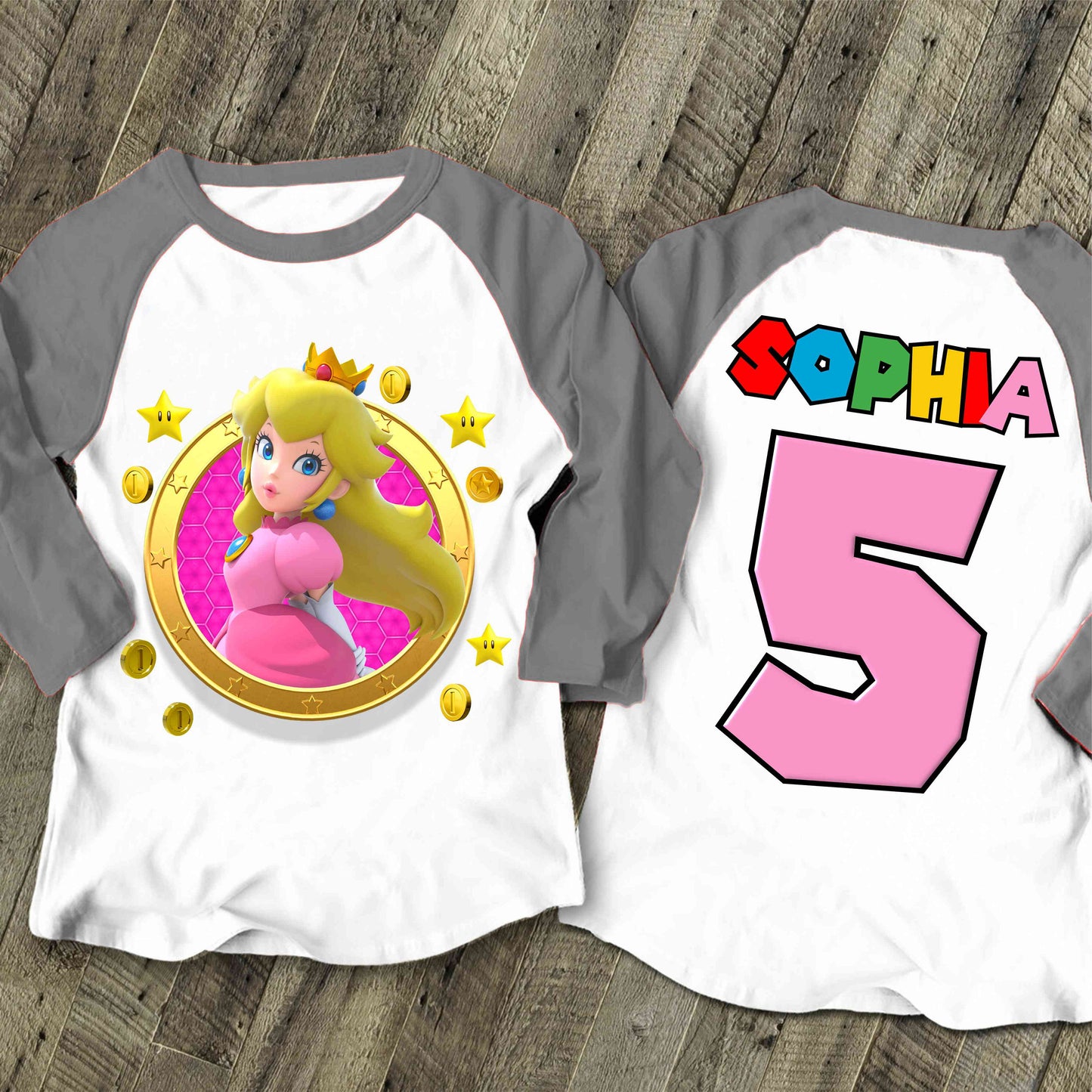 Princes Peach Birthday Custom T Shirt, Super gift, Mario Personalized Family shirt, All colors, All Sizes, Short, 3/4 & Long Raglan Sleeves