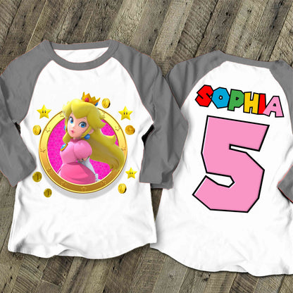 Princes Peach Birthday Custom T Shirt, Super gift, Mario Personalized Family shirt, All colors, All Sizes, Short, 3/4 & Long Raglan Sleeves