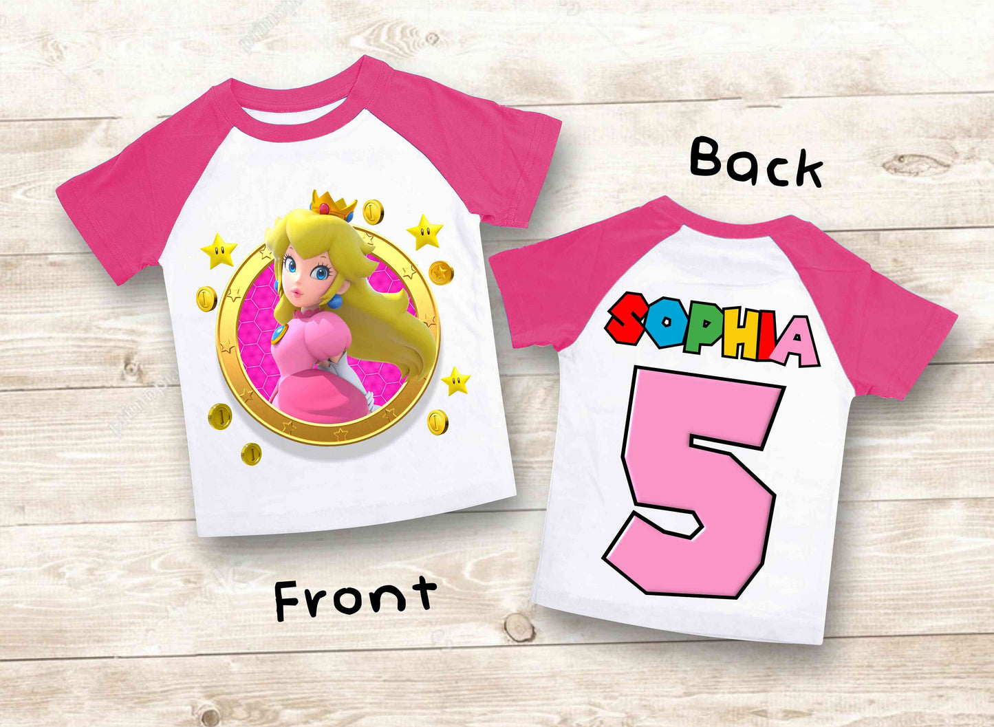 Princes Peach Birthday Custom T Shirt, Super gift, Mario Personalized Family shirt, All colors, All Sizes, Short, 3/4 & Long Raglan Sleeves