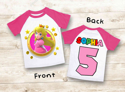 Princes Peach Birthday Custom T Shirt, Super gift, Mario Personalized Family shirt, All colors, All Sizes, Short, 3/4 & Long Raglan Sleeves