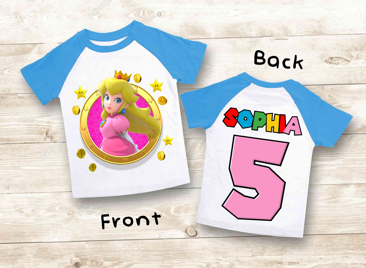 Princes Peach Birthday Custom T Shirt, Super gift, Mario Personalized Family shirt, All colors, All Sizes, Short, 3/4 & Long Raglan Sleeves