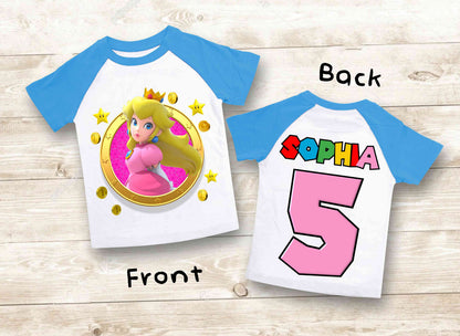 Princes Peach Birthday Custom T Shirt, Super gift, Mario Personalized Family shirt, All colors, All Sizes, Short, 3/4 & Long Raglan Sleeves